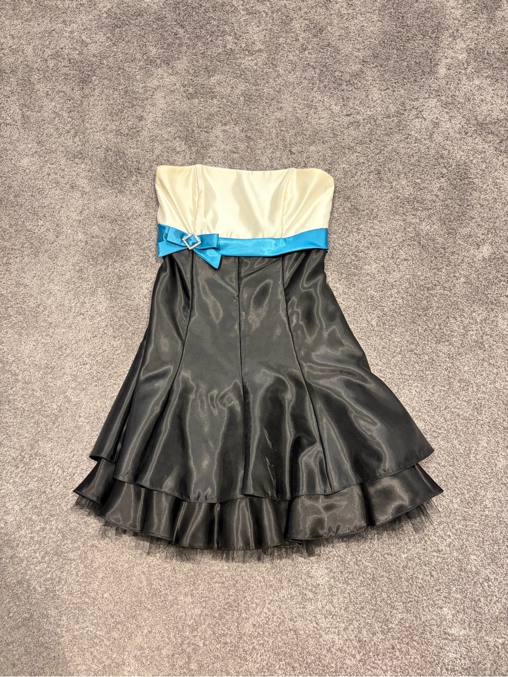 Jessica McClintock Black and Ivory Strapless Dress with Turquoise Sash